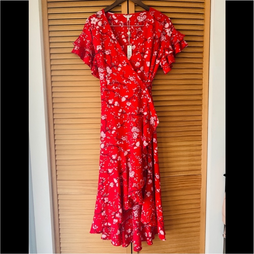 Max Studio Red and White High Low Wrap Sundress with Cherry Blossom motif